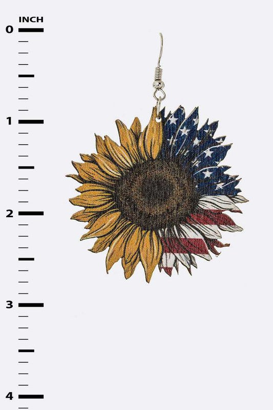 Flag Print Sunflower Wooden Earrings