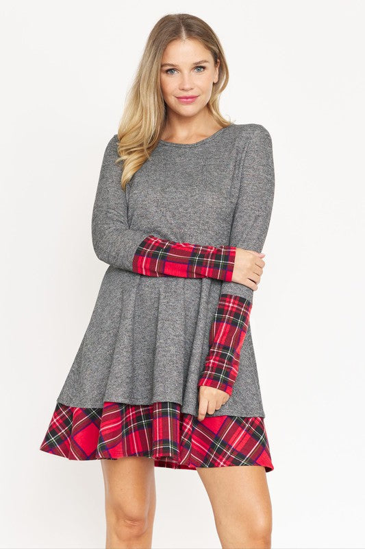 Terry Plaid Layered Fit And Flare Dress