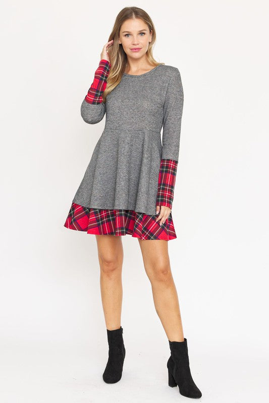 Terry Plaid Layered Fit And Flare Dress