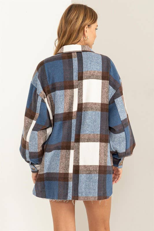 Fuzzy Plaid Shacket - Blue