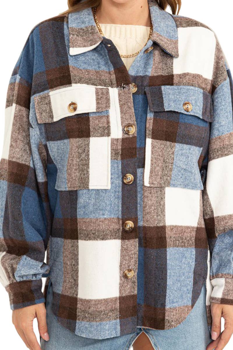 Fuzzy Plaid Shacket - Blue