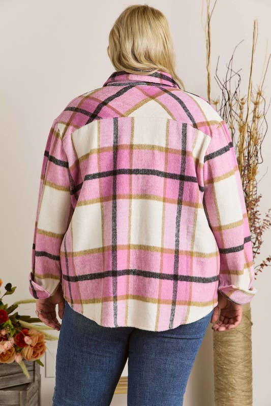 Curvy Plaid Flannel Shacket - Burgundy