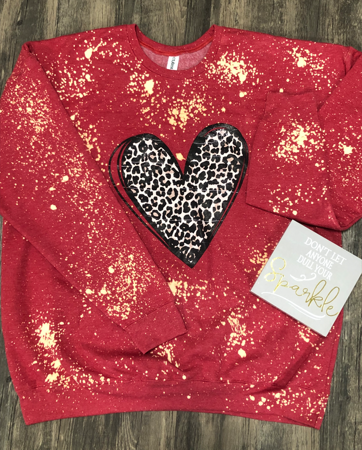 Bleached & Distressed Leopard Heart Crew - Red