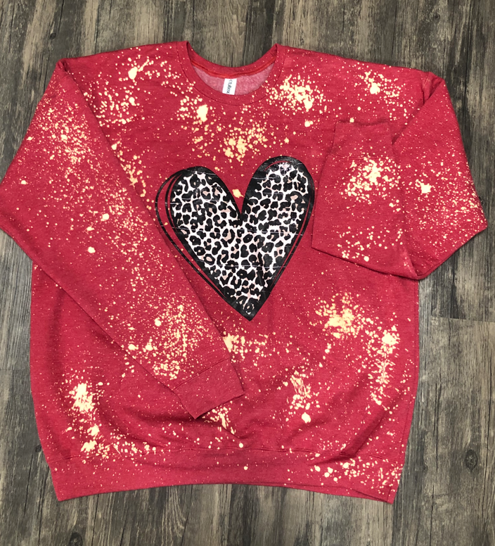 Bleached & Distressed Leopard Heart Crew - Red