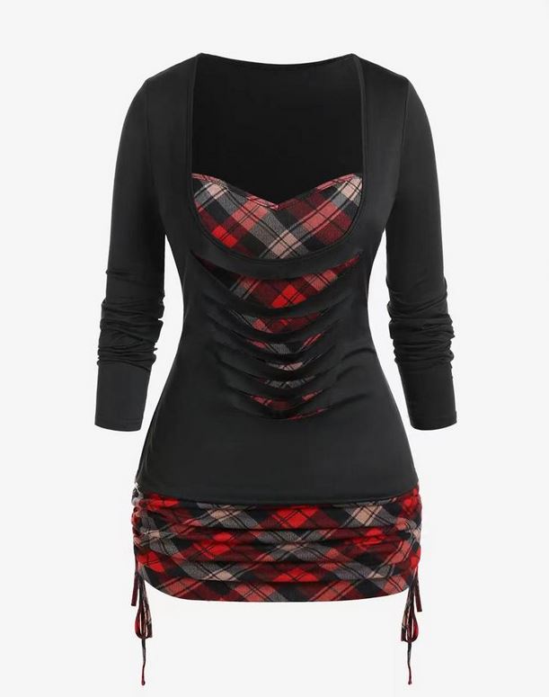 Contrast Plaid Fake Two-Piece Cutout Drawstring Top