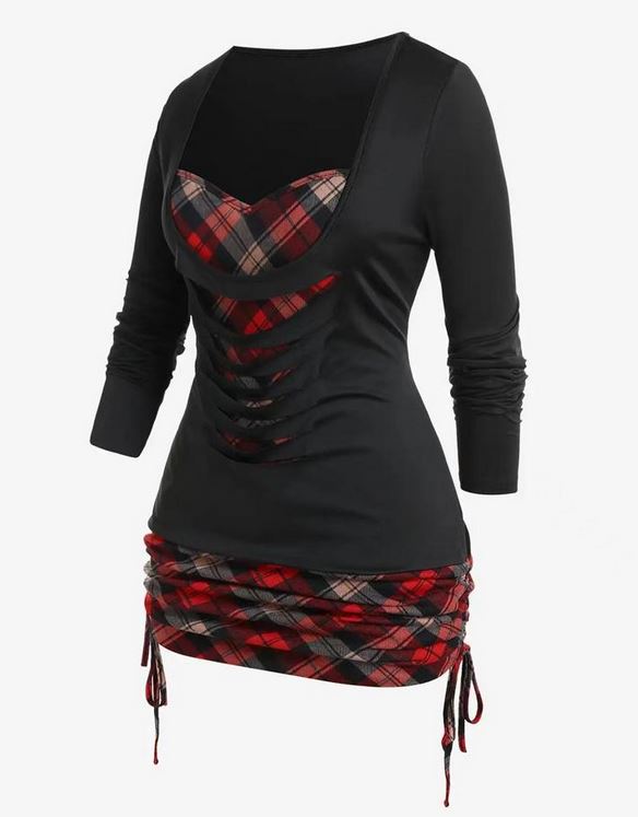 Contrast Plaid Fake Two-Piece Cutout Drawstring Top