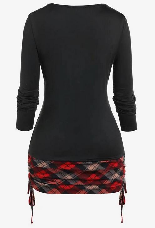 Contrast Plaid Fake Two-Piece Cutout Drawstring Top