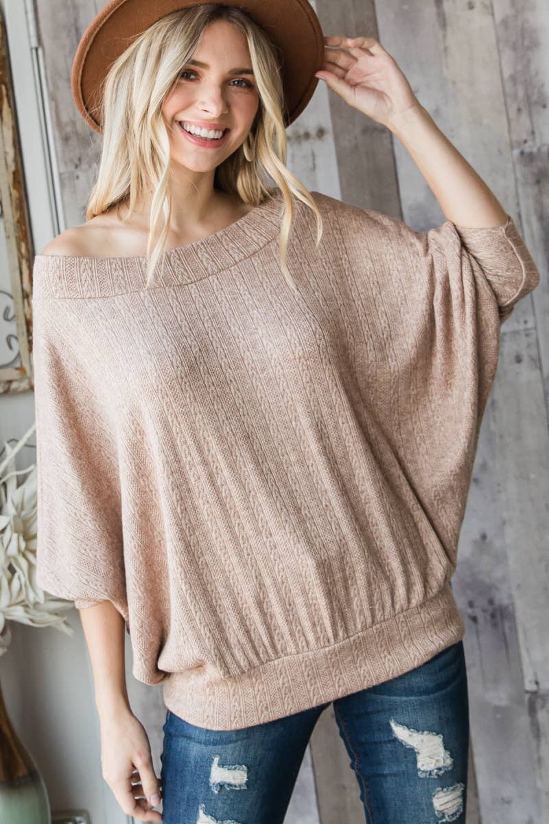 Wide Neck Thin Knit Sweater Top - Light Mocha