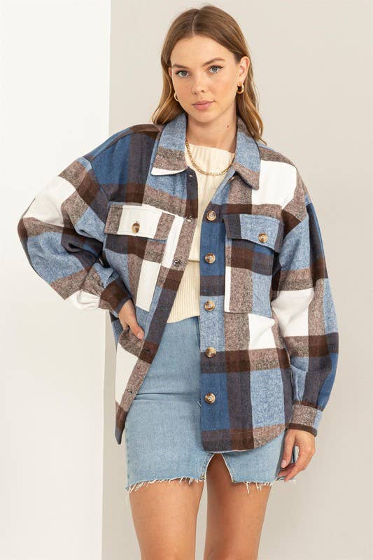 Fuzzy Plaid Shacket - Blue