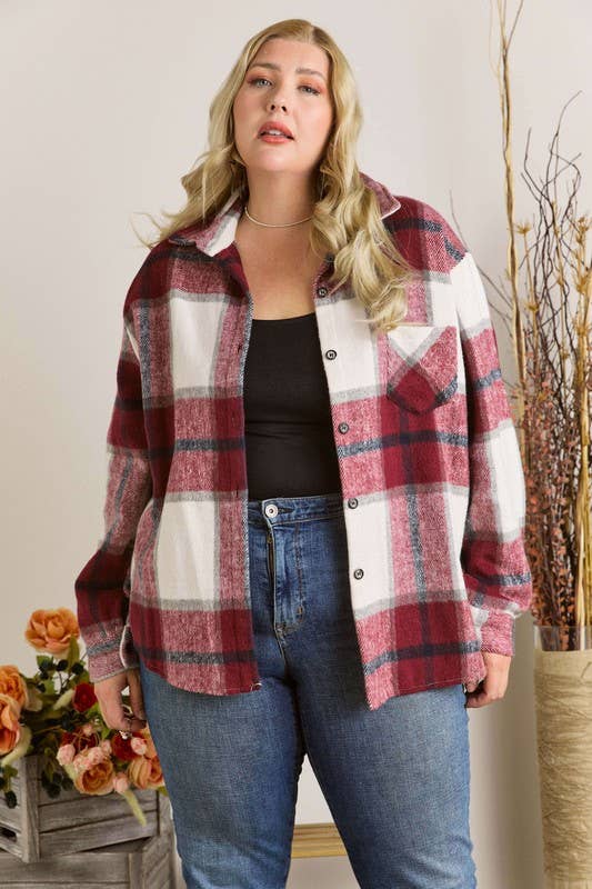 Curvy Plaid Flannel Shacket - Burgundy