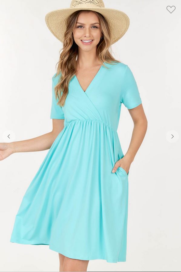 Short Sleeve Dress With Empire Waistline Pockets