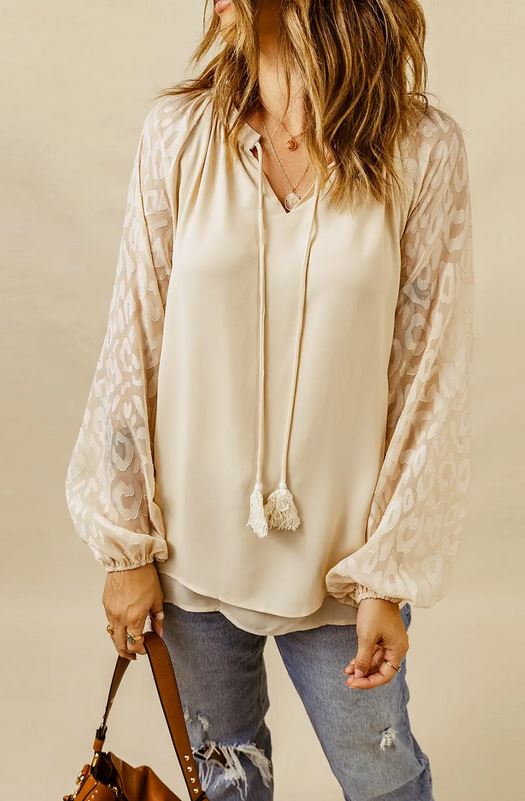 Leopard Mesh Bubble Sleeve Split-Neck Blouse - Beige