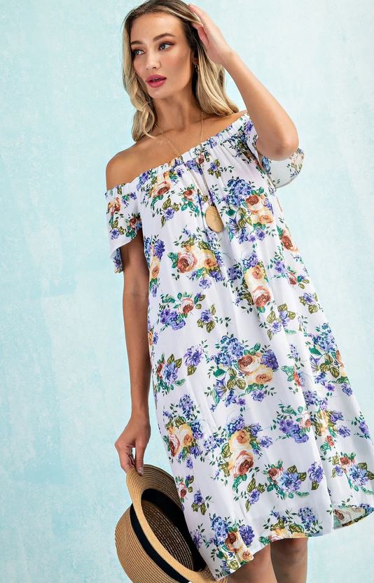 Floral Off Shoulder A-Line Dress - Ivory