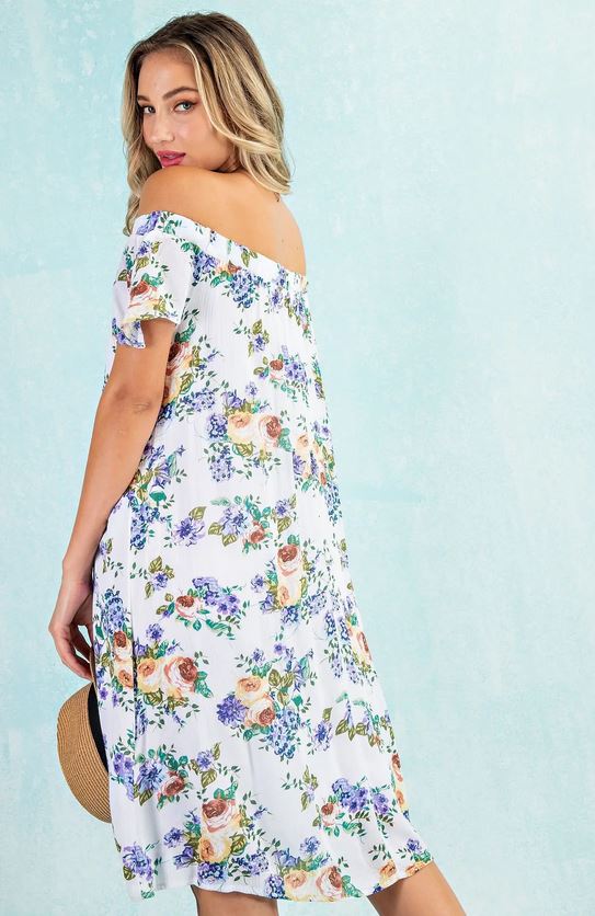 Floral Off Shoulder A-Line Dress - Ivory