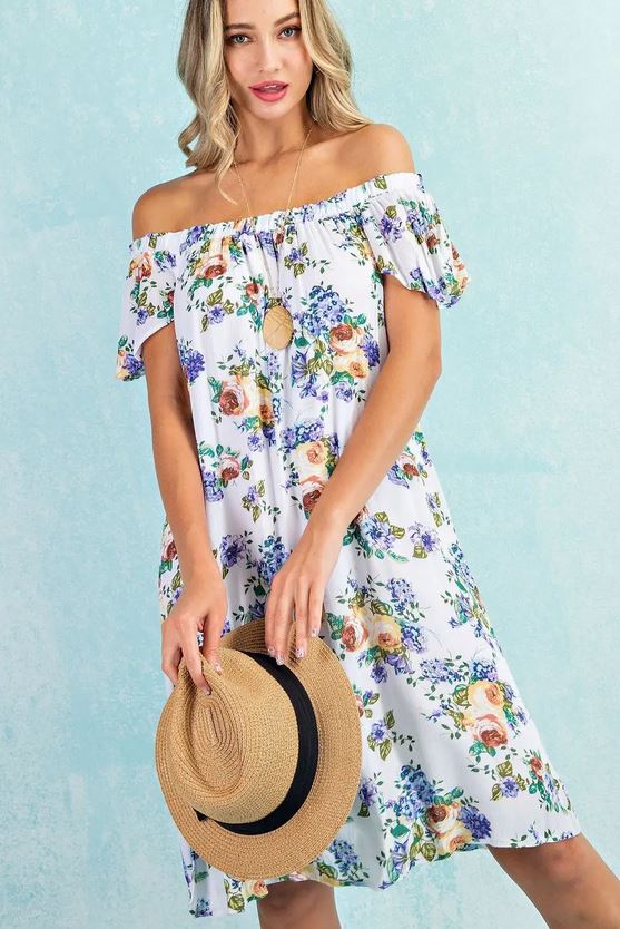 Floral Off Shoulder A-Line Dress - Ivory