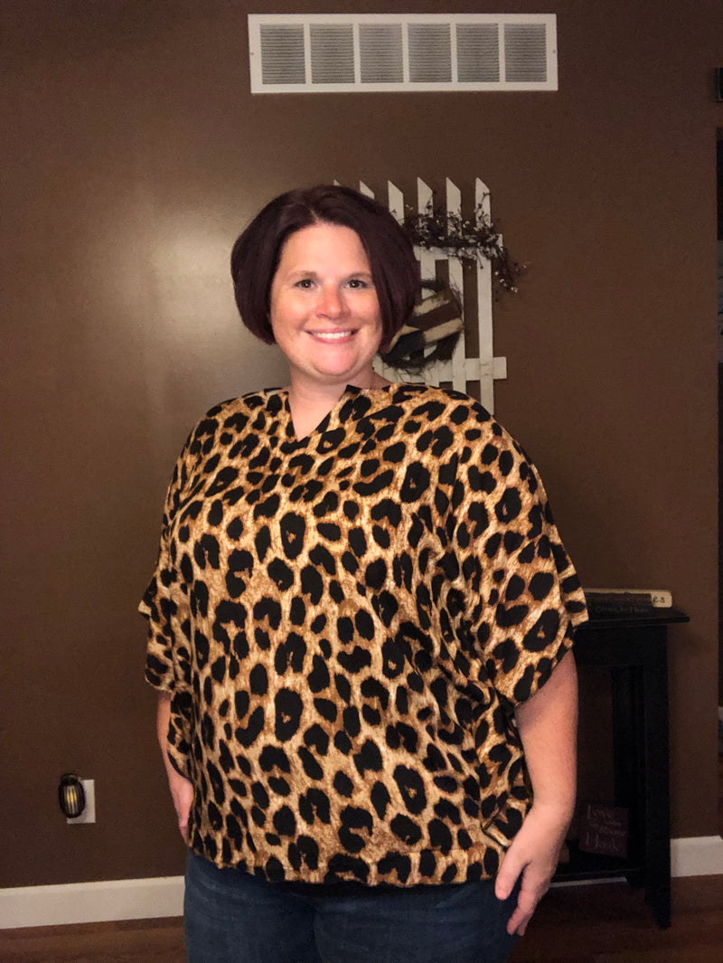 Curvy Soft Leopard V-Neck Poncho Top - Brown