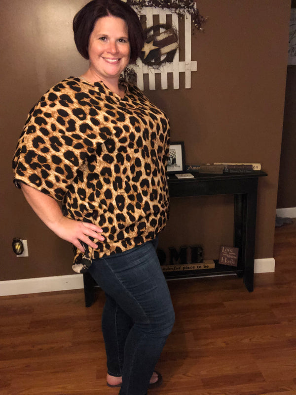 Curvy Soft Leopard V-Neck Poncho Top - Brown