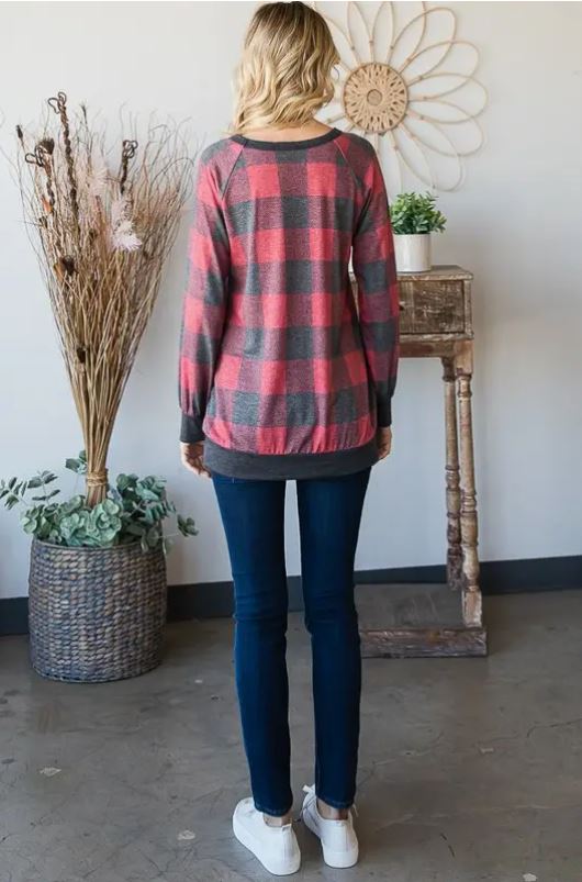 Puff Sleeve Plaid Top - Red & Black