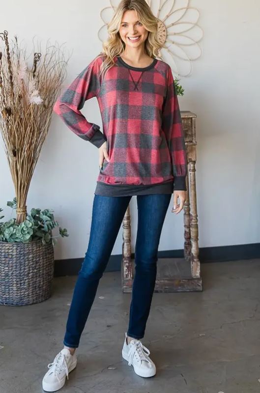 Puff Sleeve Plaid Top - Red & Black