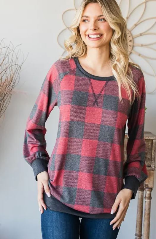 Puff Sleeve Plaid Top - Red & Black