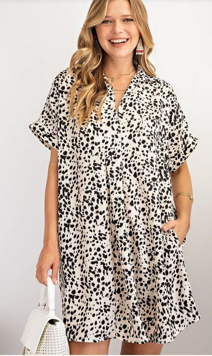 Leopard Shirt V-Neck Dress - Natural