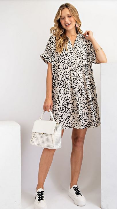 Leopard Shirt V-Neck Dress - Natural