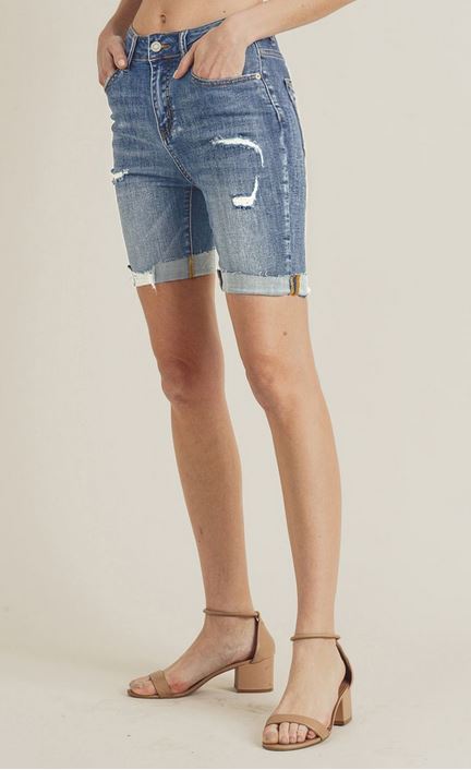 Risen High Waist Distressed Mid-Length Shorts - Light