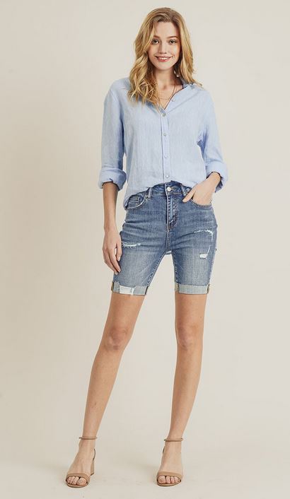 Risen High Waist Distressed Mid-Length Shorts - Light