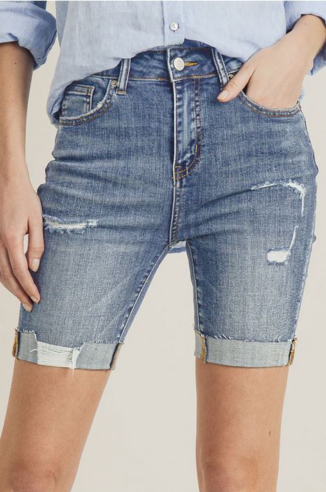 Risen High Waist Distressed Mid-Length Shorts - Light