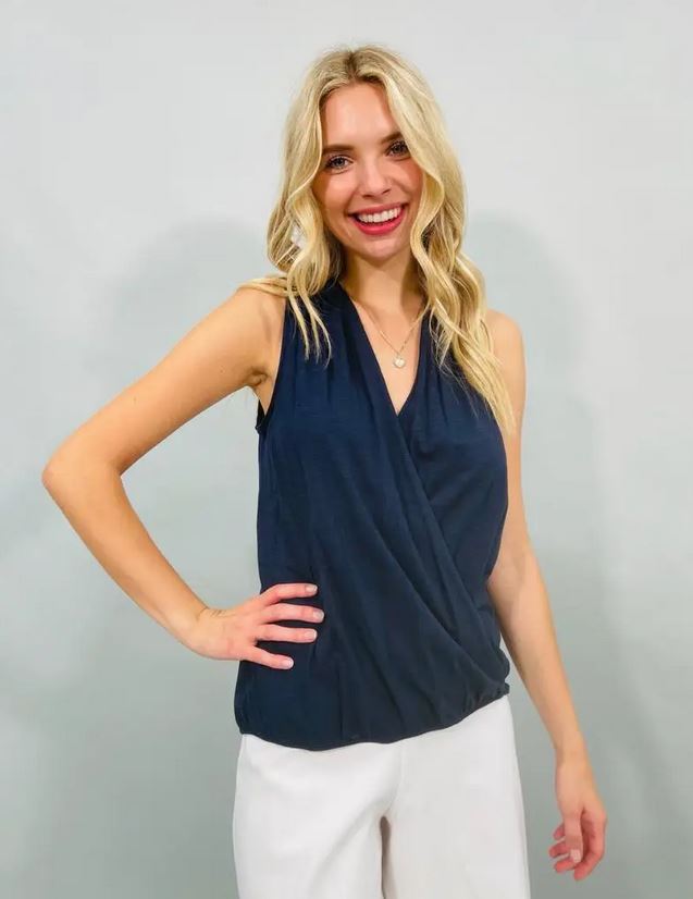 Solid Surplice Sleeveless Top - Navy