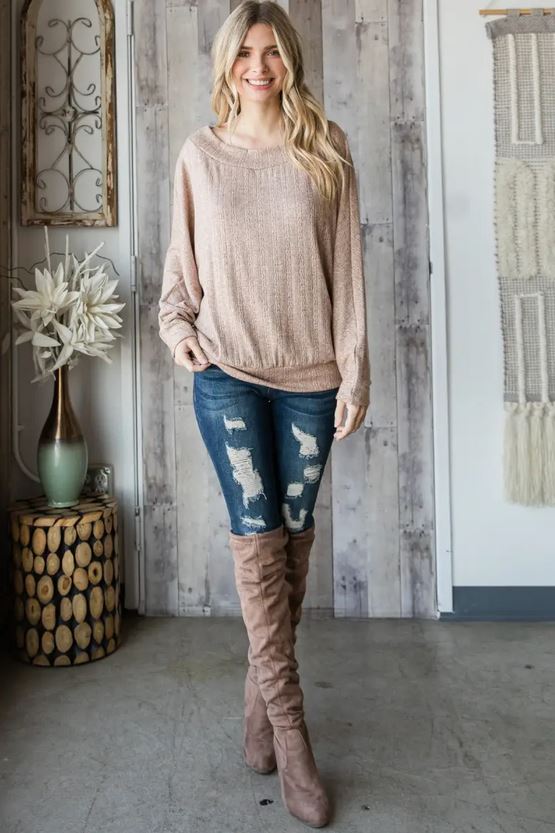 Wide Neck Thin Knit Sweater Top - Light Mocha