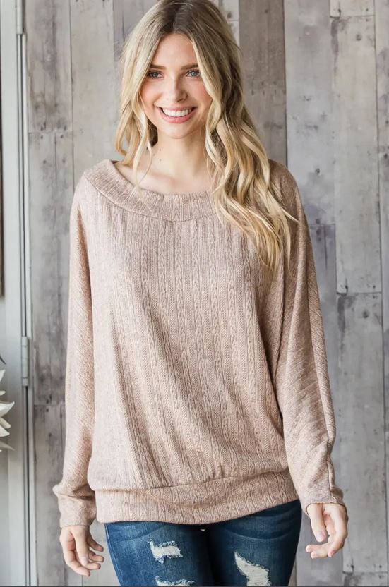 Wide Neck Thin Knit Sweater Top - Light Mocha