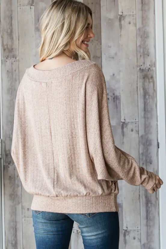 Wide Neck Thin Knit Sweater Top - Light Mocha