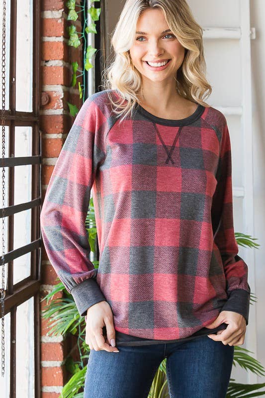 Puff Sleeve Plaid Top - Red & Black