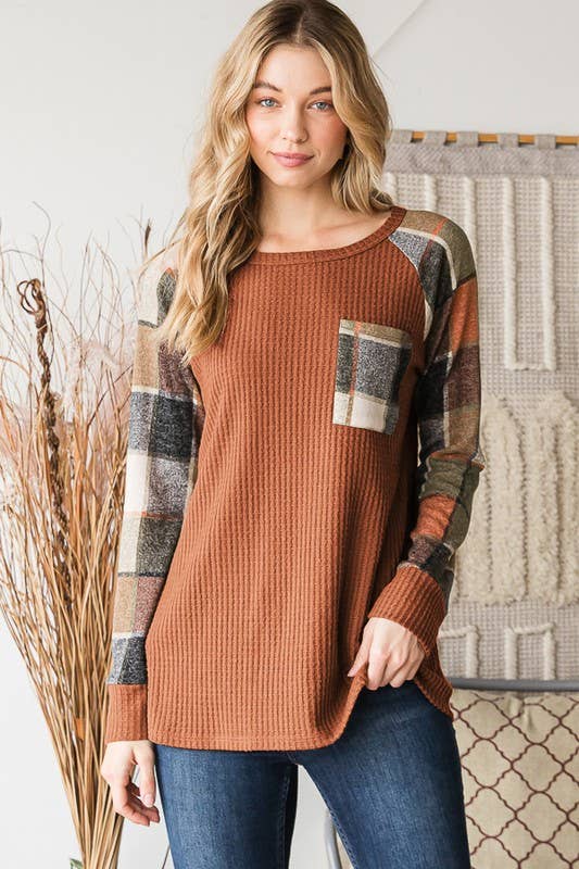 Waffle Plaid Top - Rust